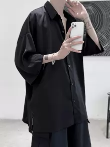 Claim Dot 男士春夏超大纯色开叉下摆落肩衬衫，宽松纽扣纯黑色衬衫，适合男朋友的礼物，男士超大衬衫，宽松衬衫，落肩衬衫男士，黑色宽松衬衫，秋季