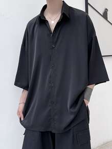 Claim Dot 男士春夏超大纯色开叉下摆落肩衬衫，宽松纽扣纯黑色衬衫，适合男朋友的礼物，男士超大衬衫，宽松衬衫，落肩衬衫男士，黑色宽松衬衫，秋季