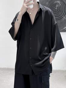 Claim Dot 男士春夏超大纯色开叉下摆落肩衬衫，宽松纽扣纯黑色衬衫，适合男朋友的礼物，男士超大衬衫，宽松衬衫，落肩衬衫男士，黑色宽松衬衫，秋季