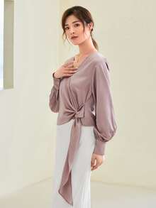 Modelyn Knot Front Wrap Satin Top - Dusty Purple - View 3