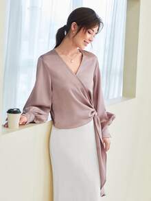 Modelyn Knot Front Wrap Satin Top - Dusty Purple - View 5