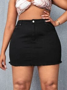 SHEIN SXY váy ngắn denim kích thước lớn Túi Hem thô Dây kéo màu trơn - màu đen - Xem 4