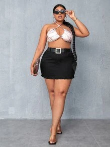 SHEIN SXY váy ngắn denim kích thước lớn Túi Hem thô Dây kéo màu trơn - màu đen - Xem 5