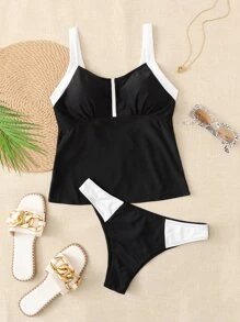 SHEIN Swim Contrast Binding Tankini Summer Beach - Black - View 1