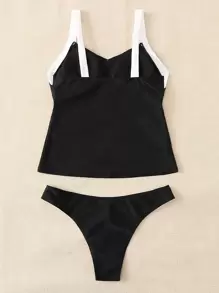SHEIN Swim Contrast Binding Tankini Summer Beach - Black - View 2
