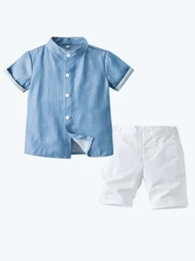 SHEIN Young Boy Toddler Boys Button Front Shirt & Shorts - Blue and White - View 1