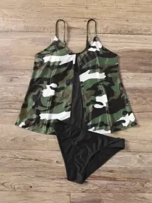 SHEIN Swim Camo Pattern Mesh Insert Tankini Summer Beach - Multicolor - View 1