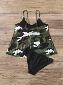 SHEIN Swim Camo Pattern Mesh Insert Tankini Summer Beach - Multicolor - View 2