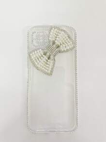 Faux Pearl & Rhinestone Bow Decor Clear Phone Case - Silver - View 3