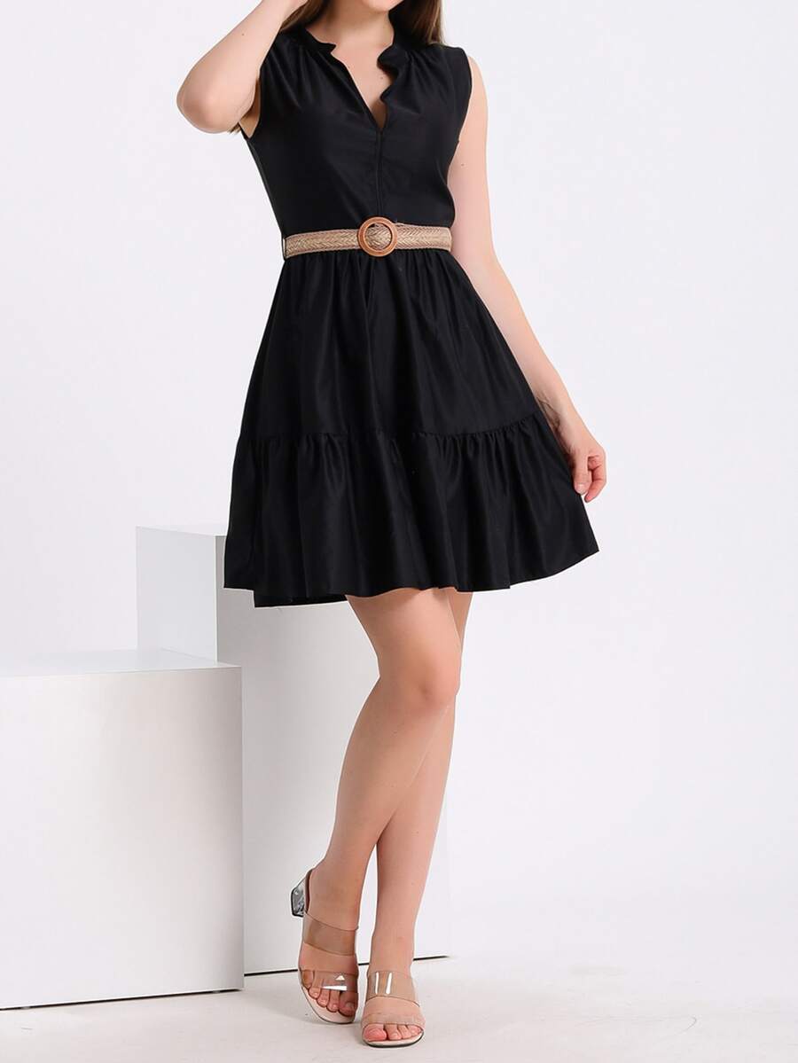 EURMUSE Vestido con cinturón de cuello de muesca bajo con fruncido - Negro - Ver 1