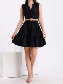 EURMUSE Vestido con cinturón de cuello de muesca bajo con fruncido - Negro - Ver 3