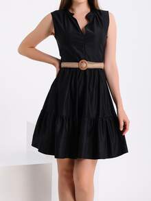 EURMUSE Vestido con cinturón de cuello de muesca bajo con fruncido - Negro - Ver 4