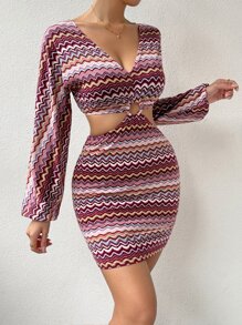SHEIN SXY 鋸齒形印花圓形扣環鏤空緊身連衣裙 - 粉色 - 查看 3