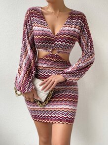 SHEIN SXY 鋸齒形印花圓形扣環鏤空緊身連衣裙 - 粉色 - 查看 4