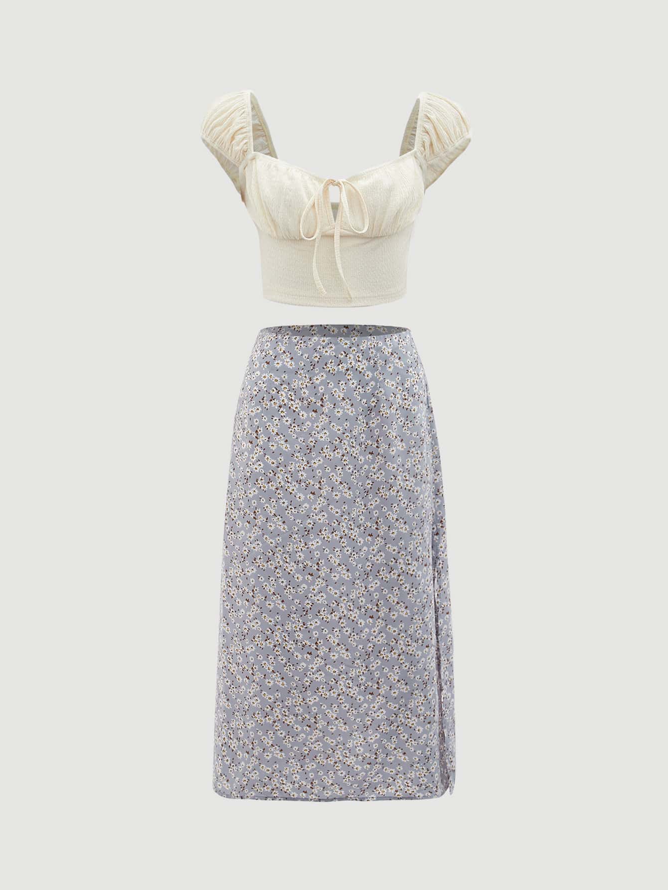 SHEIN MOD con cordón delantero escote corazón Top & floral con abertura Falda - Multicolor - Ver 1