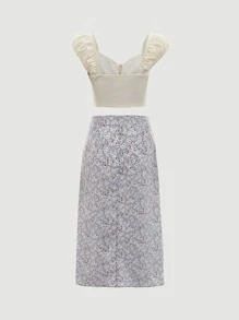 SHEIN MOD con cordón delantero escote corazón Top & floral con abertura Falda - Multicolor - Ver 5