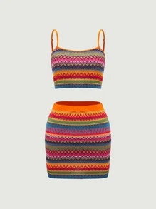 SHEIN MOD Geo Pattern Crop Cami Top & Bodycon Skirt - Orange - View 2
