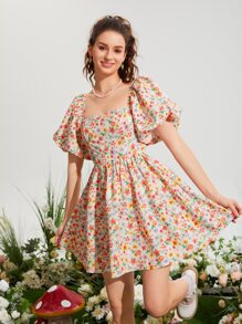 SHEIN MOD 滿版印花方領泡泡袖洋裝 - 彩色 - 查看 2