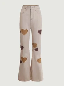 SHEIN MOD Heart Patched Detail Flare Leg Jeans - Khaki - View 1