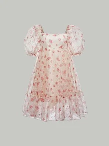 SHEIN MOD Vestido fresa con con estampado floral de manga farol bajo con fruncido - Multicolor - Ver 2