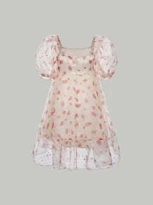 SHEIN MOD Vestido fresa con con estampado floral de manga farol bajo con fruncido - Multicolor - Ver 5