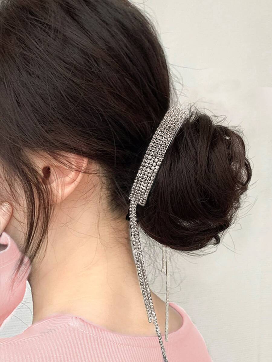 1 Máy Tính Full Kim Cương Giả Tua Rua Đuôi Ngựa Giá Đỡ, Thanh Lịch Bun Maker Với Kim Cương Giả Và Tua Rua Cho Tóc Đuôi Ngựa Cao, chuối Kẹp Tóc - Bạc - Xem 1
