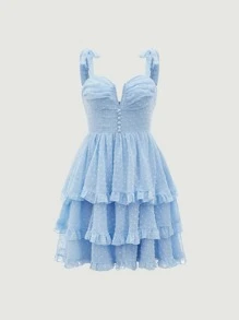 SHEIN MOD 圓點肩上打結多層下擺吊帶洋裝 - 淺藍色 - 查看 1