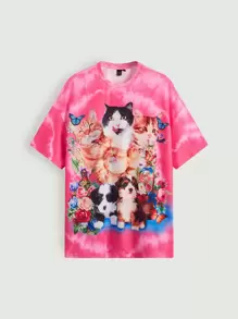 SHEIN MOD Butterfly And Cat Print Drop Shoulder Tee - Pink - View 2