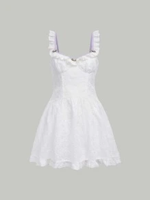 SHEIN MOD Eyelet Embroidery Frill Trim Schiffy Dress - White - View 1