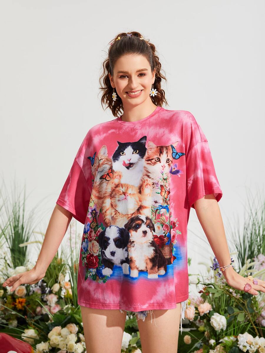 SHEIN MOD Butterfly And Cat Print Drop Shoulder Tee - Pink - View 1