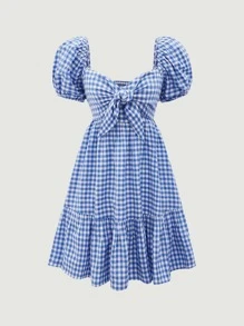 SHEIN MOD Gingham Print Puff Sleeve Knot Front Ruffle Hem Dress - Blue and White - View 1