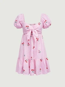 SHEIN MOD Vestido de guingán con bordado de cereza de manga farol con nudo delantero bajo con fruncido - Multicolor - Ver 1