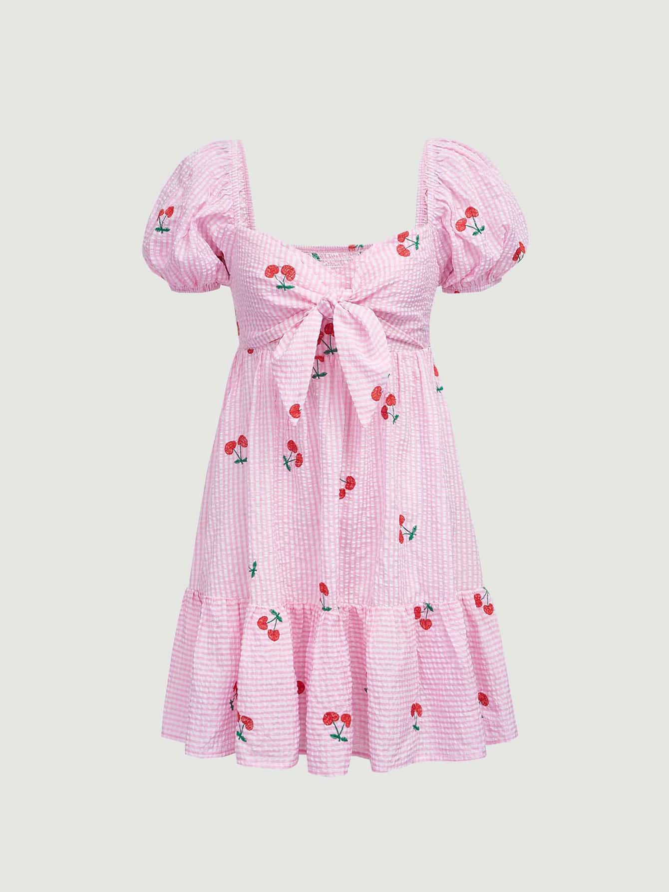 SHEIN MOD Vestido de guingán con bordado de cereza de manga farol con nudo delantero bajo con fruncido - Multicolor - Ver 1