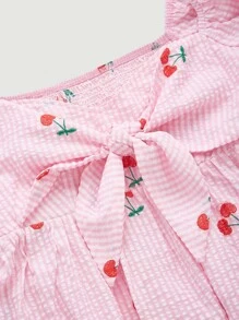 SHEIN MOD Vestido de guingán con bordado de cereza de manga farol con nudo delantero bajo con fruncido - Multicolor - Ver 3