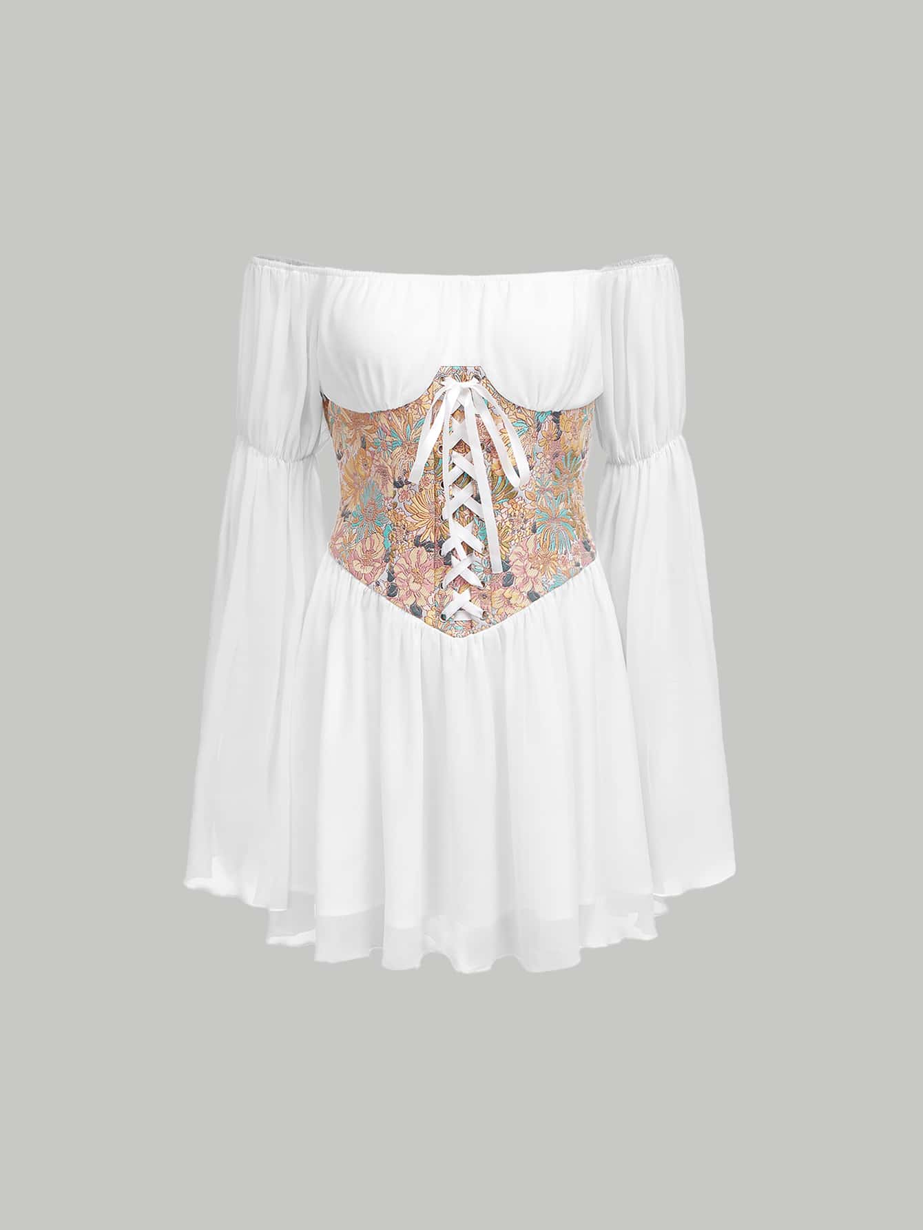 SHEIN MOD Vestido con bordado floral con cordón de hombros descubiertos - Blanco - Ver 1