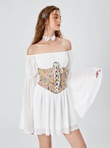 SHEIN MOD Vestido con bordado floral con cordón de hombros descubiertos - Blanco - Ver 2