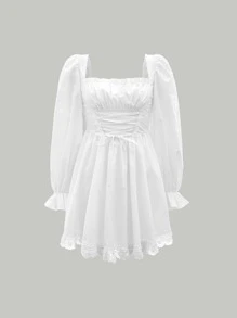 SHEIN MOD Lace Up Flounce Sleeve Ruched Bust Shirred Back Lace Hem Dress - White - View 1