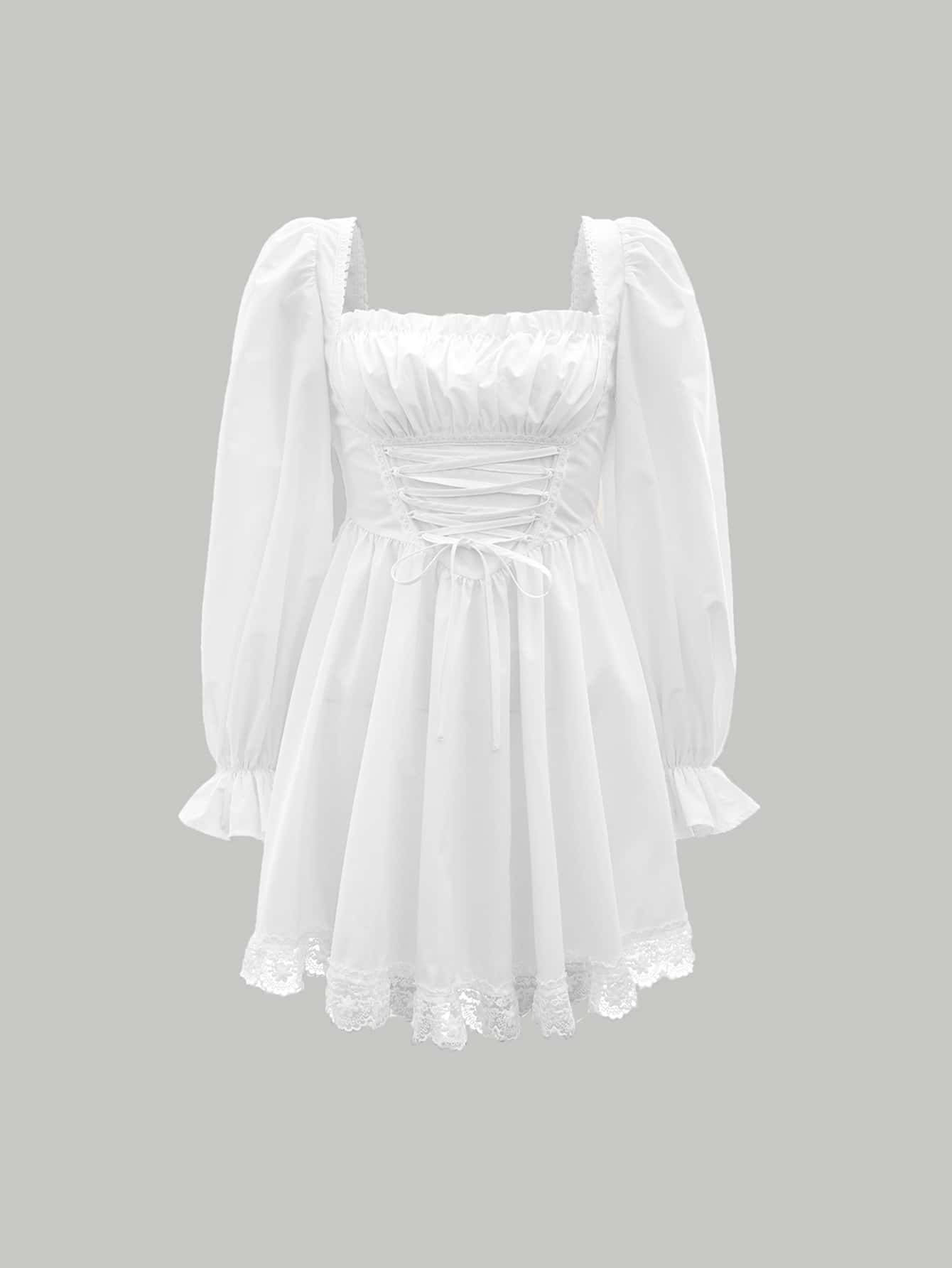SHEIN MOD Lace Up Flounce Sleeve Ruched Bust Shirred Back Lace Hem Dress - White - View 1