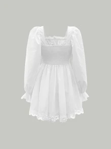 SHEIN MOD Lace Up Flounce Sleeve Ruched Bust Shirred Back Lace Hem Dress - White - View 5