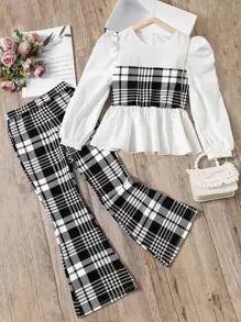 SHEIN Leap Crew Juego De Top Y Pantalón Con Dobladillo De Volante Y Pierna Acampanada Con Estampado De Cuadros Contrastantes Para Niñas De Entre 8 Y 14 Años - Blanco y Negro - Ver 1