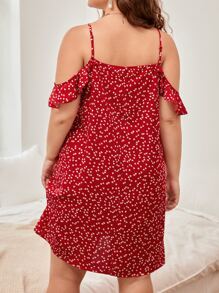 SHEIN VCAY Plus Allover Heart Print Cold Shoulder Dress - Red - View 3