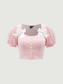 SHEIN MOD Bow Pearls Detail Puff Sleeve Crop Tee - Baby Pink - View 1