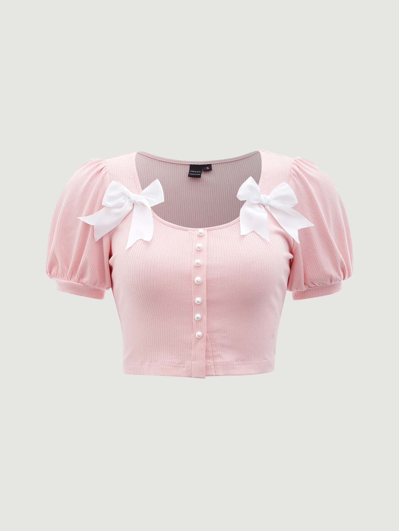 SHEIN MOD Bow Pearls Detail Puff Sleeve Crop Tee - Baby Pink - View 1