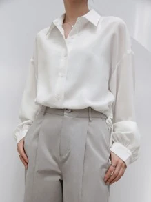 DAZY Camisa Sólida De Hombros Caídos - Blanco - Ver 3