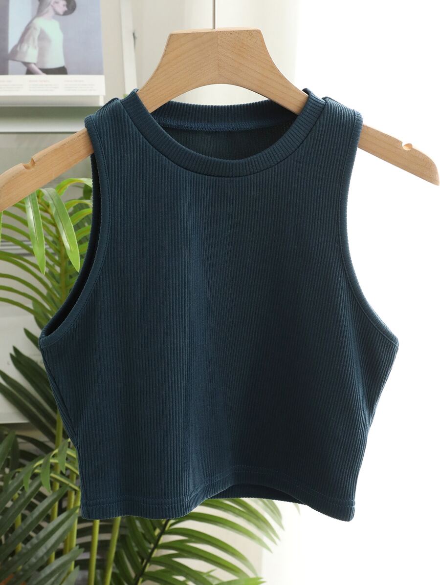 DAZY Solid Ribbed Knit Crop Tank Top - Navy Blue - View 1