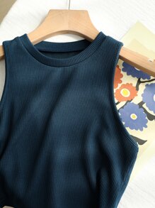 DAZY Solid Ribbed Knit Crop Tank Top - Navy Blue - View 2
