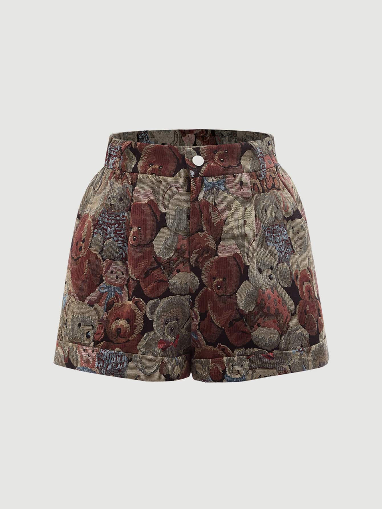 SHEIN MOD 小熊印花拼接細節卷邊短褲 - 彩色 - 查看 1