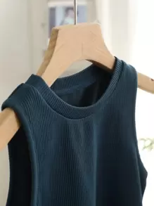 DAZY Solid Ribbed Knit Crop Tank Top - Navy Blue - View 6