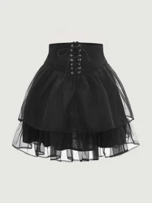 SHEIN MOD Lace Up Front Two Layer Hem Mesh Skirt - Black - View 1