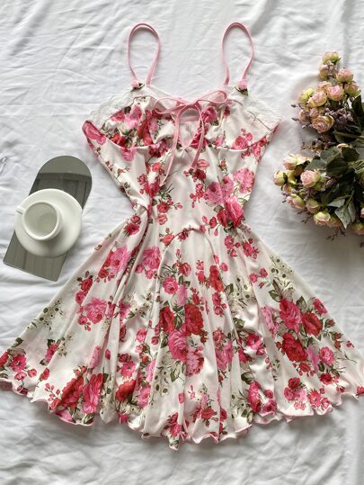 Floral Print Contrast Eyelet Embroidery Knot Front Mesh Night Dress